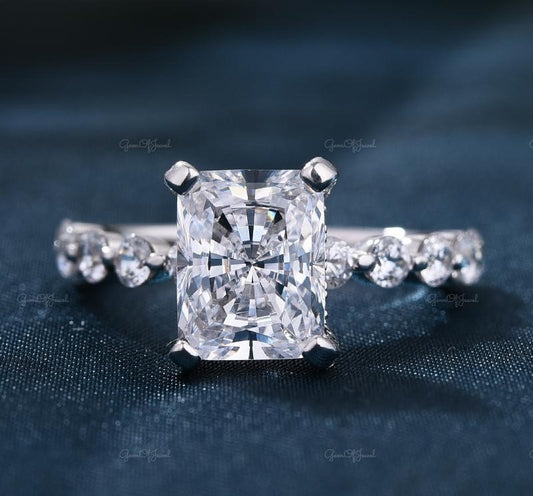 Radiant Cut Moissanite Diamond With Halo And Floating Bubble Band Of Round Moissanite, Radiant Moissanite Diamond Ring, Floating Bubble Band