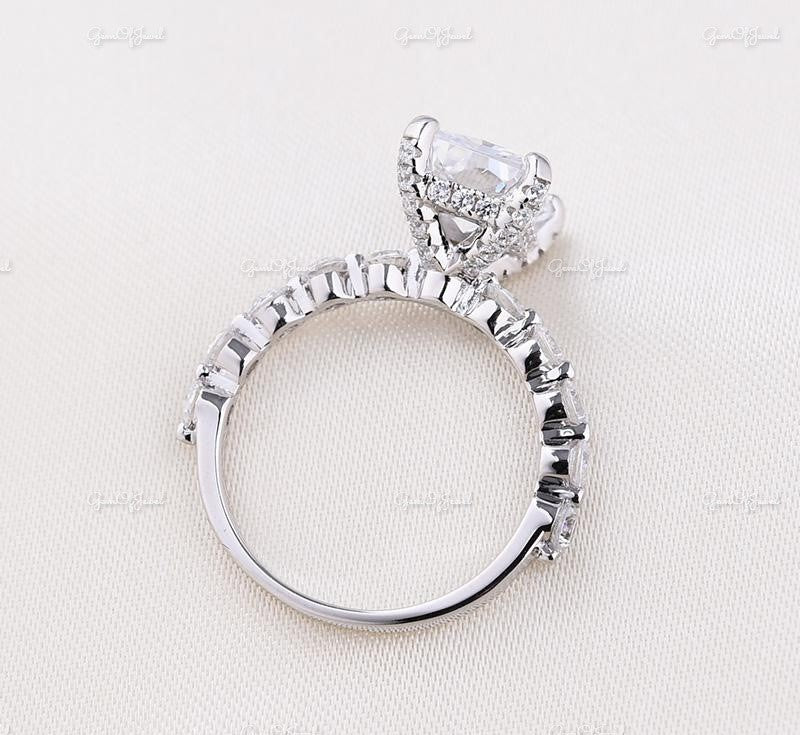 Radiant Cut Moissanite Diamond With Halo And Floating Bubble Band Of Round Moissanite, Radiant Moissanite Diamond Ring, Floating Bubble Band
