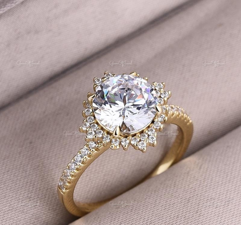 Round Moissanite Diamond 2 CT Engagement Ring With Flower Shape Halo Ring, Round Moissanite Diamond Engagement Ring For Her, Round Ring