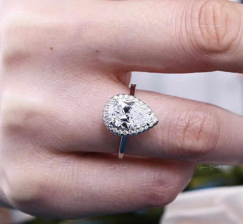 Pear Moissanite Diamond Ring With Halo Of Round Moissanite Diamond Ring, 2CT Pear Moissanite Diamond Ring, Pear Diamond Engagement Ring