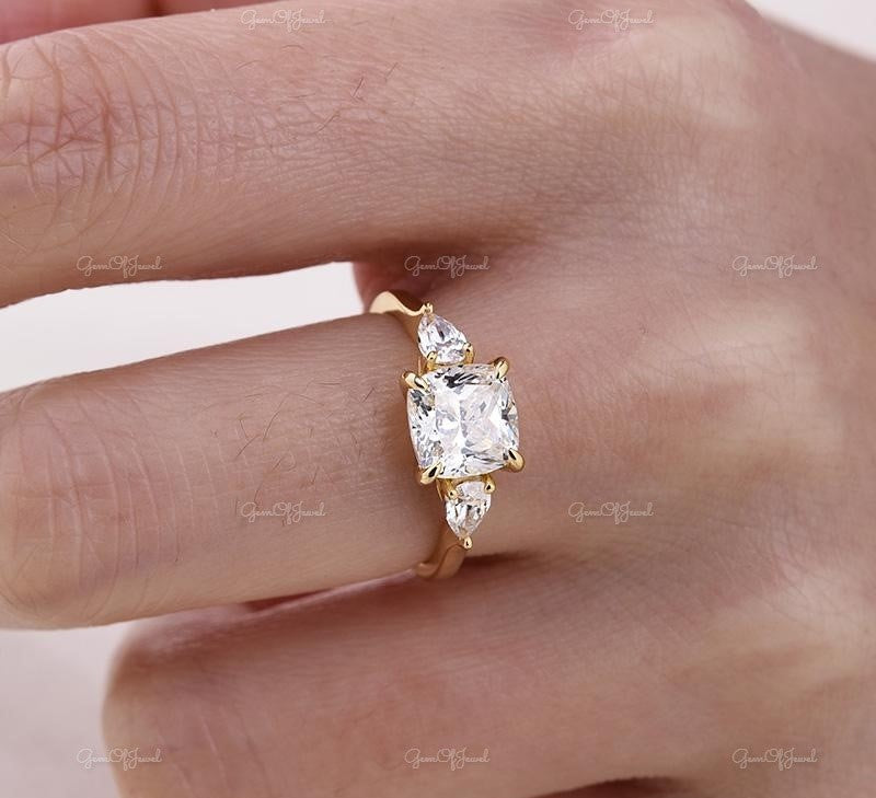 Cushion Moissanite Diamond 1.5CT With Side Pear Moissanite Diamond Three Stone ring For her, Cushion Moissanite Diamond Ring Gift For her