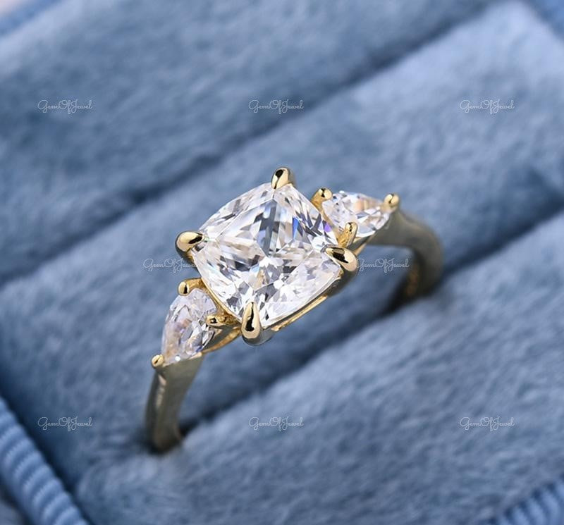 Cushion Moissanite Diamond 1.5CT With Side Pear Moissanite Diamond Three Stone ring For her, Cushion Moissanite Diamond Ring Gift For her