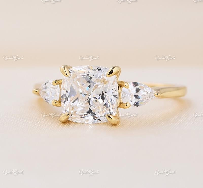 Cushion Moissanite Diamond 1.5CT With Side Pear Moissanite Diamond Three Stone ring For her, Cushion Moissanite Diamond Ring Gift For her