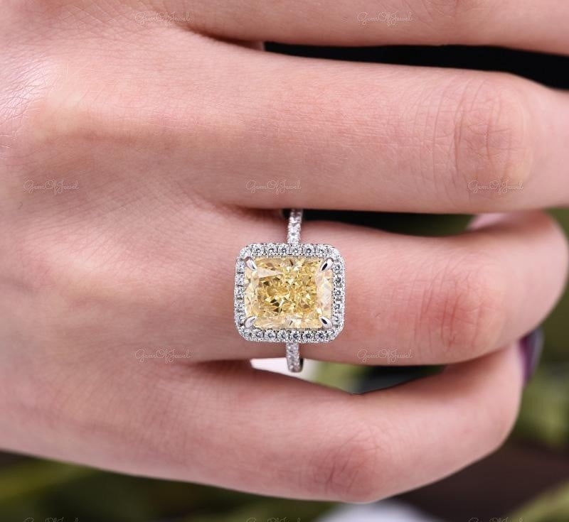 Yellow Sapphire Radiant Cut Sapphire Simulated Stone With Halo Of Moissanite Diamond And 3/4 Moissanite Eternity Band, Gold Ring For Her