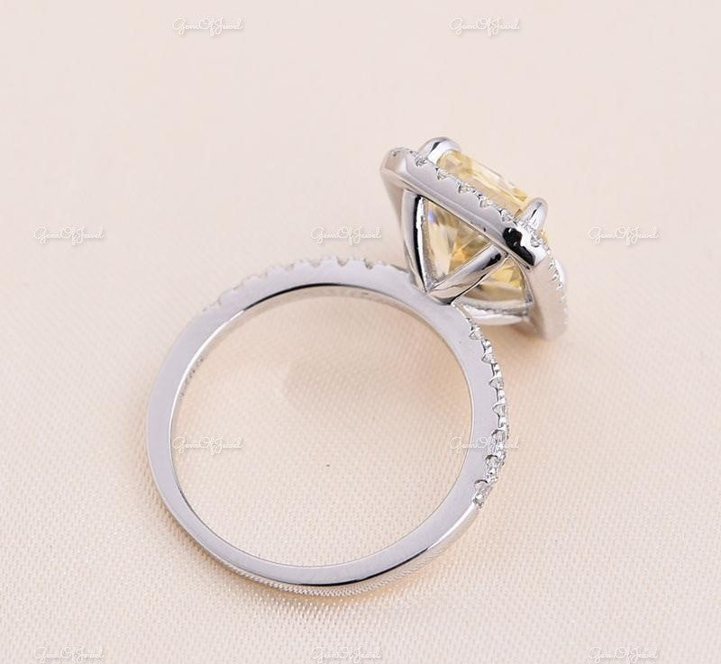 Yellow Sapphire Radiant Cut Sapphire Simulated Stone With Halo Of Moissanite Diamond And 3/4 Moissanite Eternity Band, Gold Ring For Her