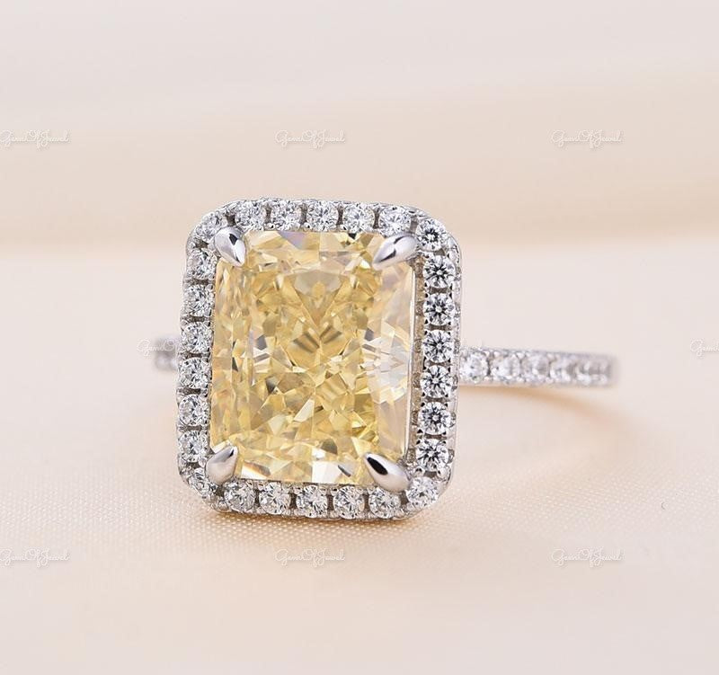 Yellow Sapphire Radiant Cut Sapphire Simulated Stone With Halo Of Moissanite Diamond And 3/4 Moissanite Eternity Band, Gold Ring For Her