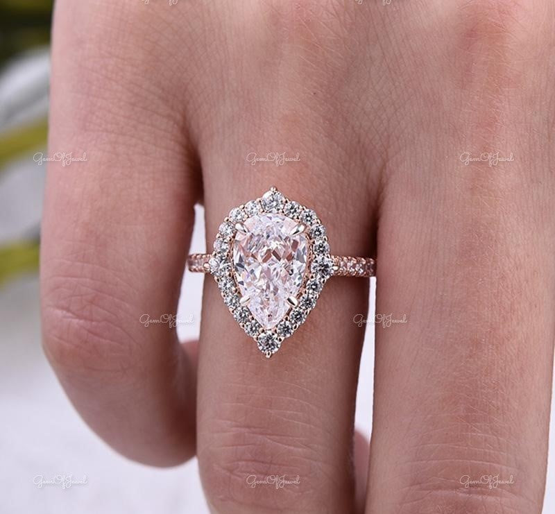 Pear Cut Moissanite Diamond 2CT Diamond With Halo Engagement Ring Moissanite Diamond Engagement Ring For her, Wedding Ring For Her