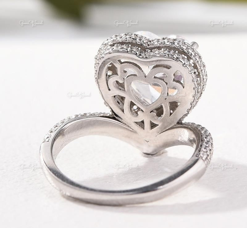Heart Shape Moissanite Diamond With Halo And 3/4th Eternity Band Engagement Ring for her, gift for her, heart shape diamond ring