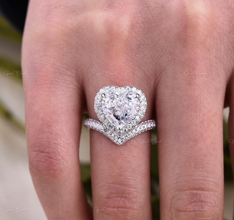 Heart Shape Moissanite Diamond With Halo And 3/4th Eternity Band Engagement Ring for her, gift for her, heart shape diamond ring