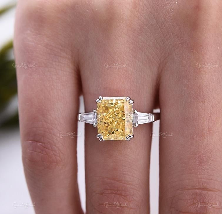 Yellow Radiant Lab Simulated Cut Sapphire Stone Three Stone Ring With Side Trapezoid Moissanite Diamond Ring For Her, Yellow Diamond Ring