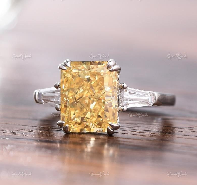 Yellow Radiant Lab Simulated Cut Sapphire Stone Three Stone Ring With Side Trapezoid Moissanite Diamond Ring For Her, Yellow Diamond Ring