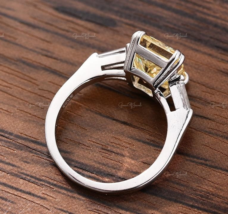 Yellow Radiant Lab Simulated Cut Sapphire Stone Three Stone Ring With Side Trapezoid Moissanite Diamond Ring For Her, Yellow Diamond Ring