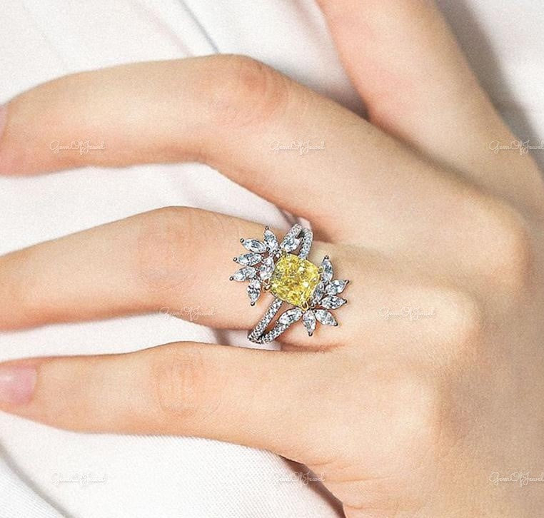 Flower Shape Yellow Sapphire Cushion Cut Simulated Stone With Halo Of Marquise Moissanite Diamond Unique Band ,Marquise Moissanite Diamond