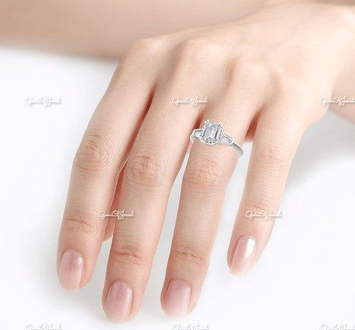 Emerald Moissanite Diamond 4CT Engagement Ring Three Stone with Side Tapered Baguette Gold Ring Gift For Her Or Engagement Ring