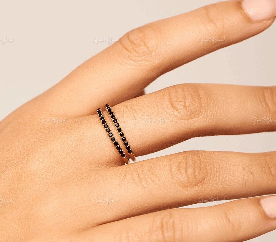 Black Moissanite Diamonds Half Eternity Pave Stackable Bands, Set of 2 Black Stone Bands, Stackable Bands, Set of 2 Black Diamond Bands