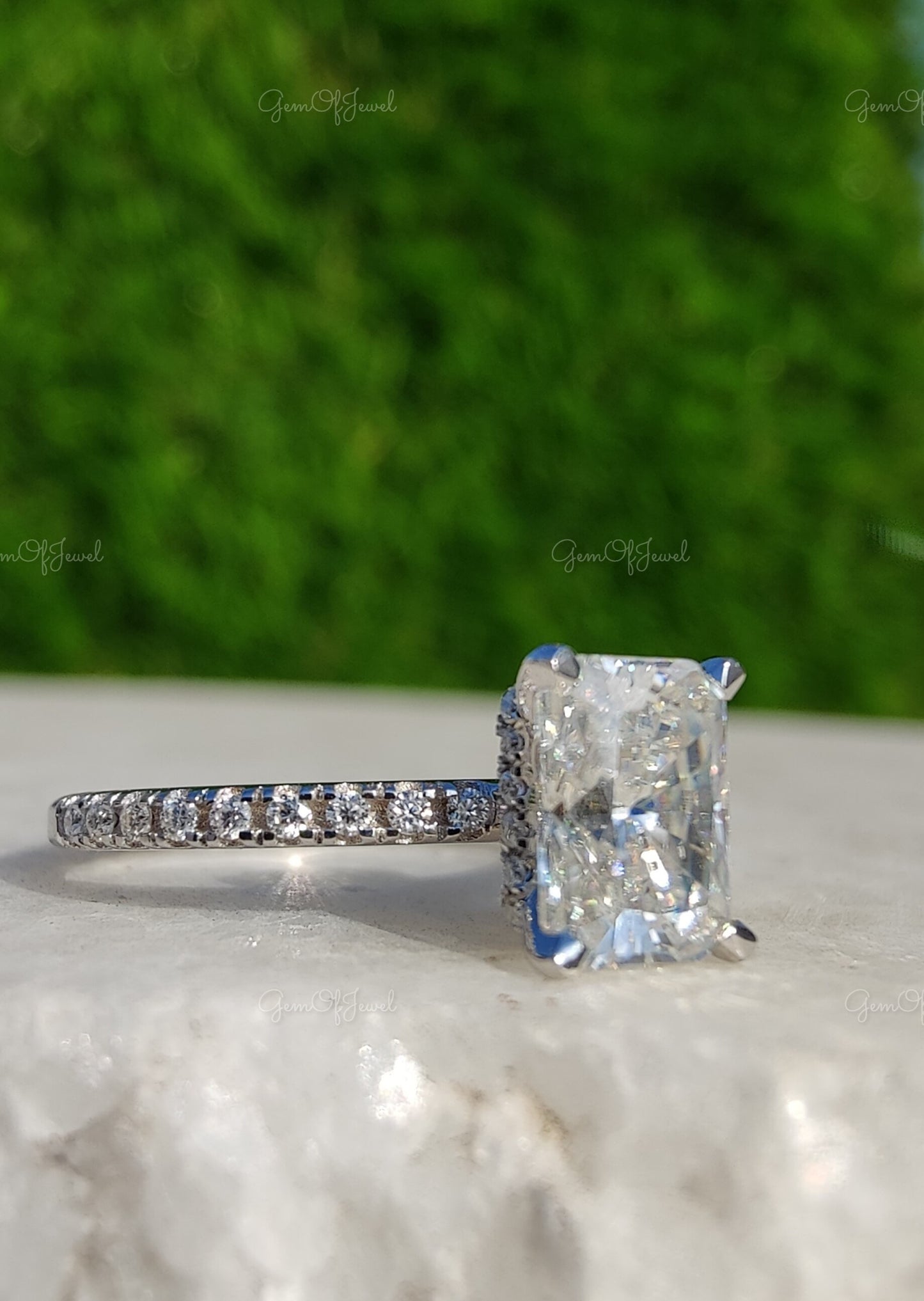 Radiant Diamond Moissanite With Halo Of Round Moissanite Diamond, Engagement Ring, Radiant Diamond Ring, Radiant Moissanite Diamond Ring