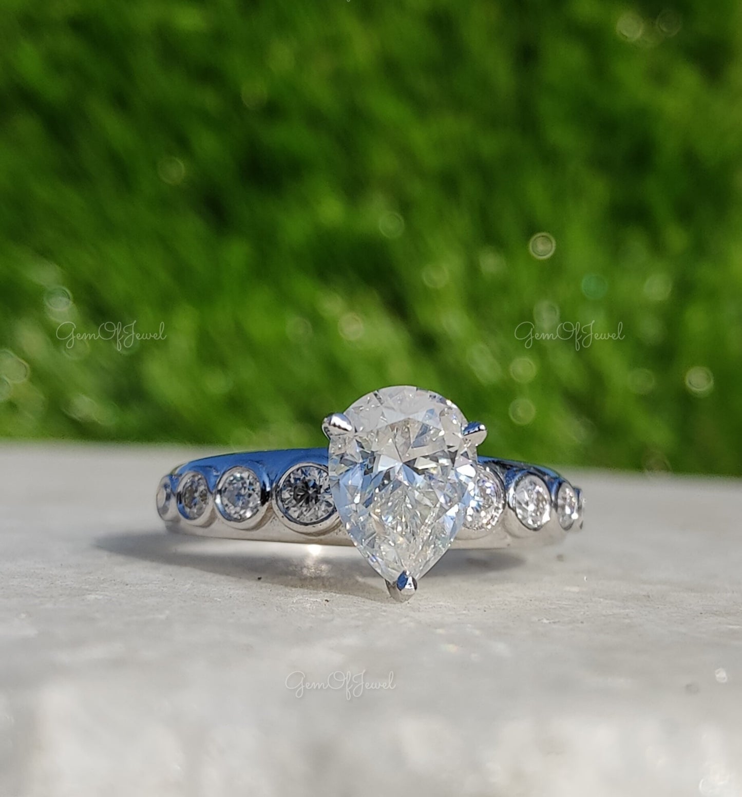 Pear Moissanite Diamond With Round Moissanite Ring, Pear Diamond Engagement Ring, Pear Cut Moissanite With Bezel Set Round Moissanite Ring