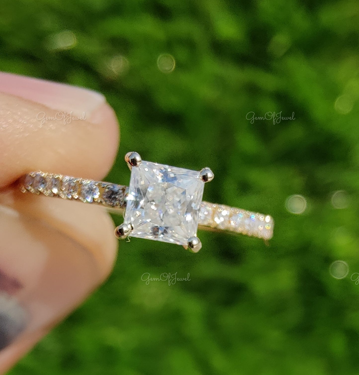 Princess Cut Moissanite Diamond Promise Ring With Round Moissanite Half Eternity Band , Engagement Ring For Her, Dainty Ring Gift For her