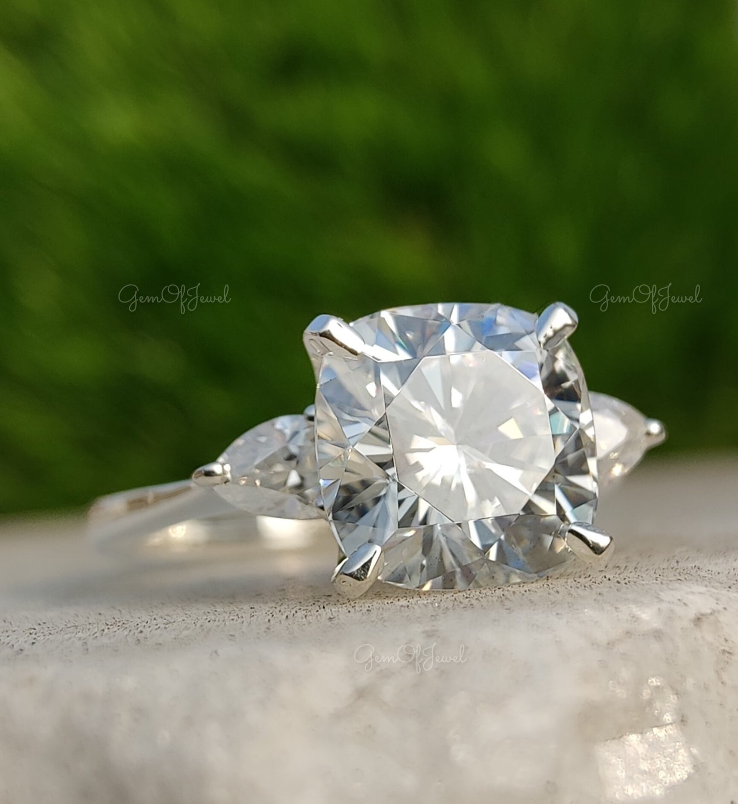 Cushion Moissanite Diamond 3 Stone With Pear Moissanite Diamond, Three Stone Ring For Wedding Ring , Cushion Moissanite Diamond Ring For Her