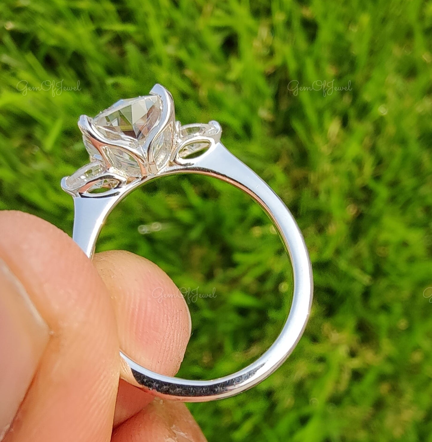 Cushion Moissanite Diamond 3 Stone With Pear Moissanite Diamond, Three Stone Ring For Wedding Ring , Cushion Moissanite Diamond Ring For Her