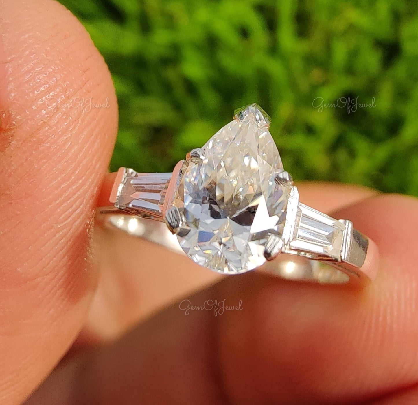 Pear Moissanite Diamond 3 Stone With Side Baguette Moissanite Diamond, Three Stone Ring, Pear Moissanite Diamond Ring For Her, Pear Cut Ring