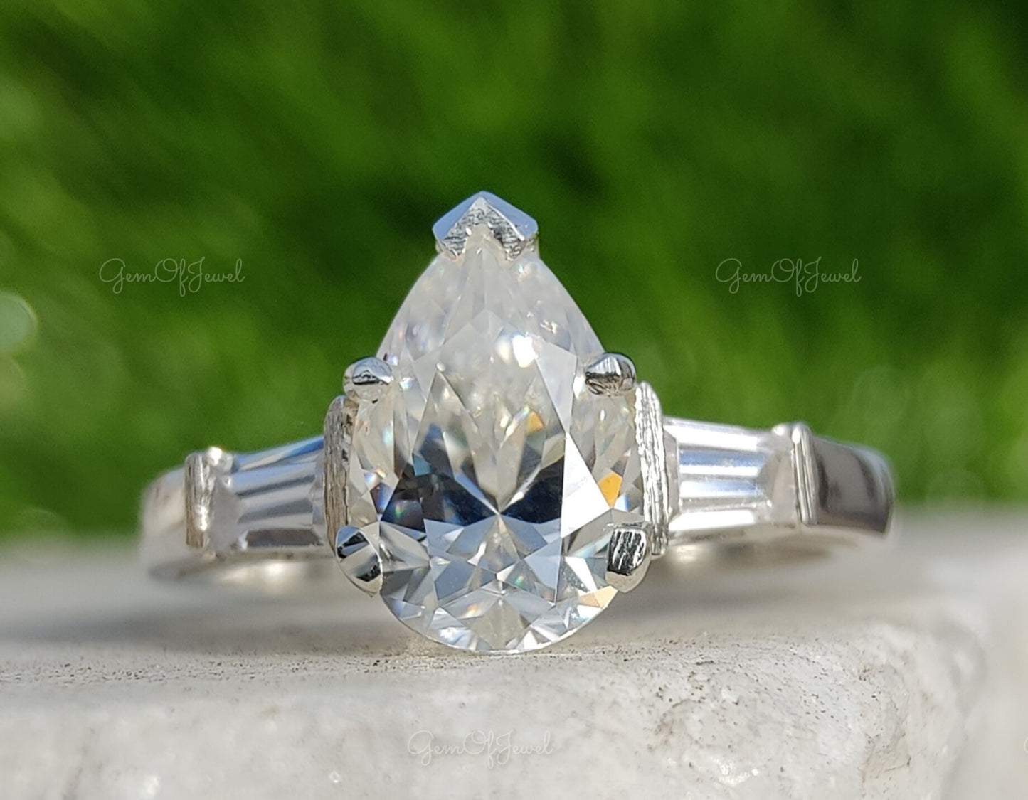 Pear Moissanite Diamond 3 Stone With Side Baguette Moissanite Diamond, Three Stone Ring, Pear Moissanite Diamond Ring For Her, Pear Cut Ring