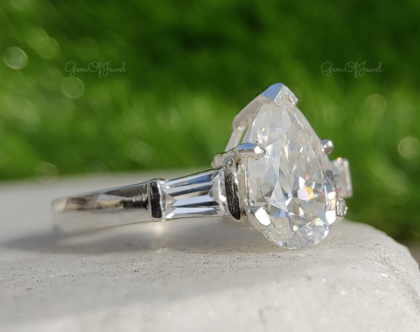 Pear Moissanite Diamond 3 Stone With Side Baguette Moissanite Diamond, Three Stone Ring, Pear Moissanite Diamond Ring For Her, Pear Cut Ring