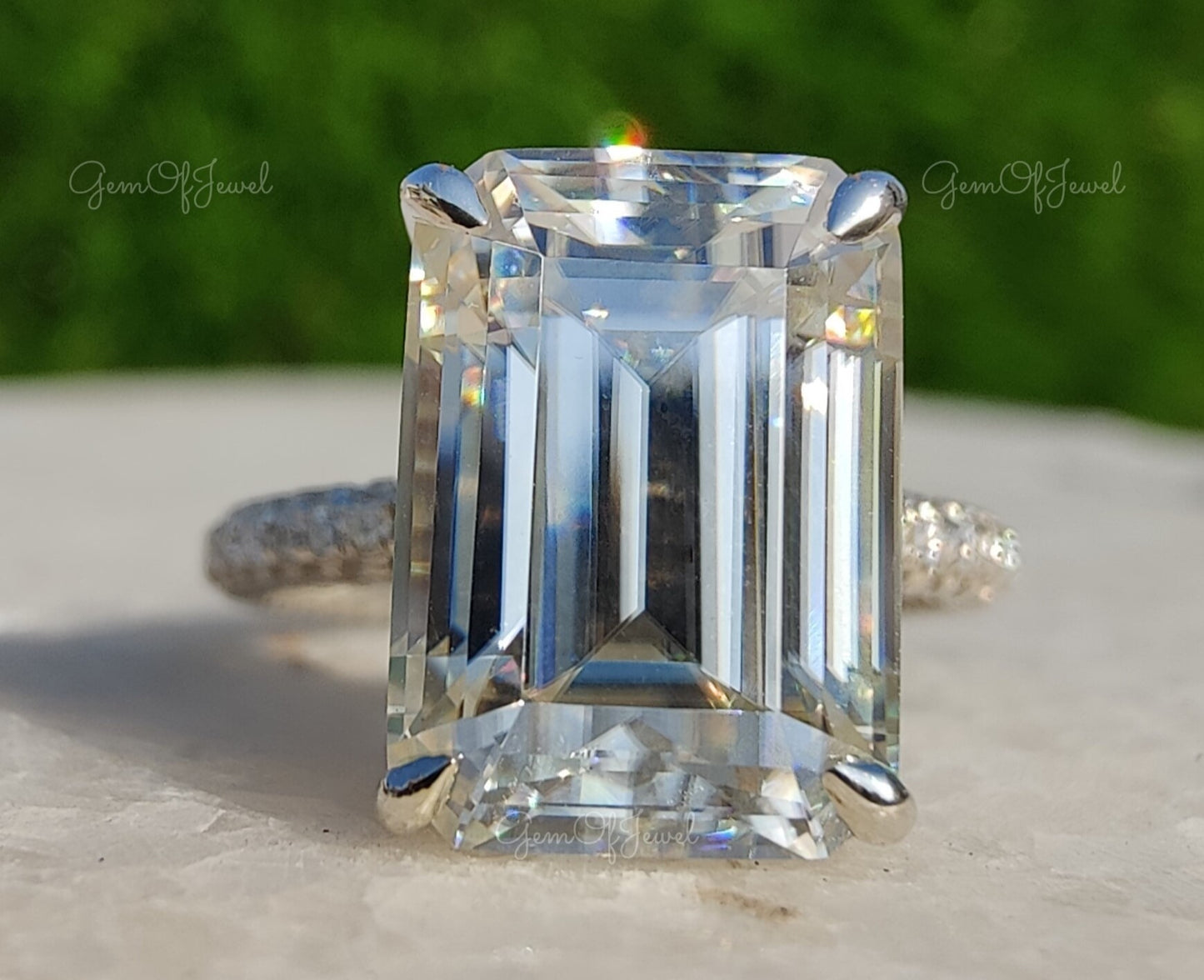 Emerald Moissanite Diamond Engagement Ring For Her With 3 Way Pave on Band With Halo, Emerald Diamond Moissanite Engagement Ring For Her