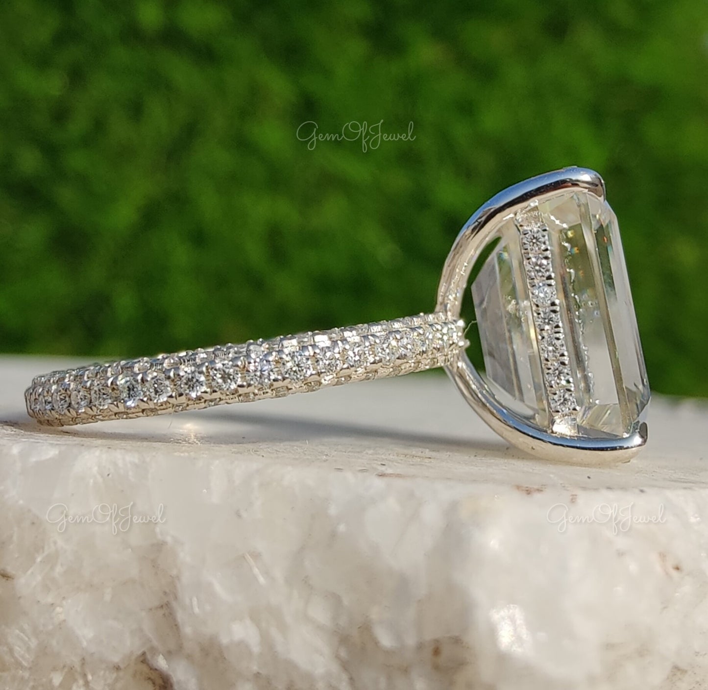 Emerald Moissanite Diamond Engagement Ring For Her With 3 Way Pave on Band With Halo, Emerald Diamond Moissanite Engagement Ring For Her