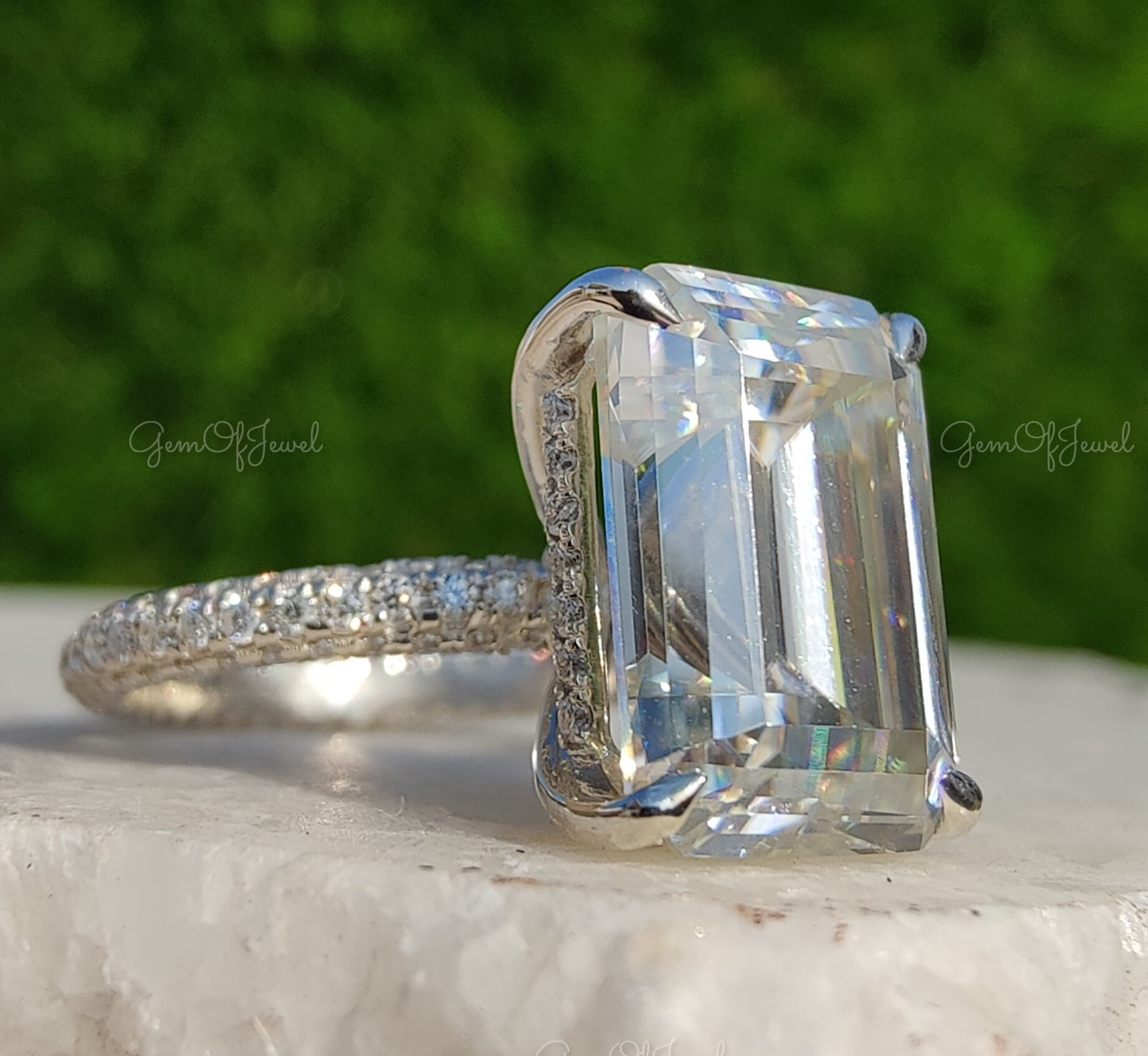 Emerald Moissanite Diamond Engagement Ring For Her With 3 Way Pave on Band With Halo, Emerald Diamond Moissanite Engagement Ring For Her