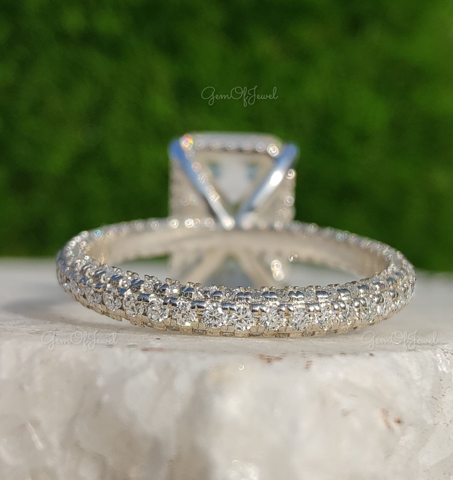 Emerald Moissanite Diamond Engagement Ring For Her With 3 Way Pave on Band With Halo, Emerald Diamond Moissanite Engagement Ring For Her