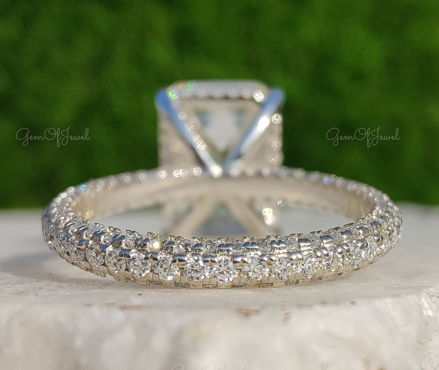 Emerald Moissanite Diamond Engagement Ring For Her With 3 Way Pave on Band With Halo, Emerald Diamond Moissanite Engagement Ring For Her