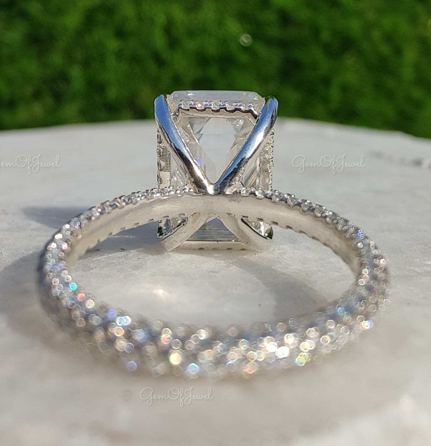 Emerald Moissanite Diamond Engagement Ring For Her With 3 Way Pave on Band With Halo, Emerald Diamond Moissanite Engagement Ring For Her