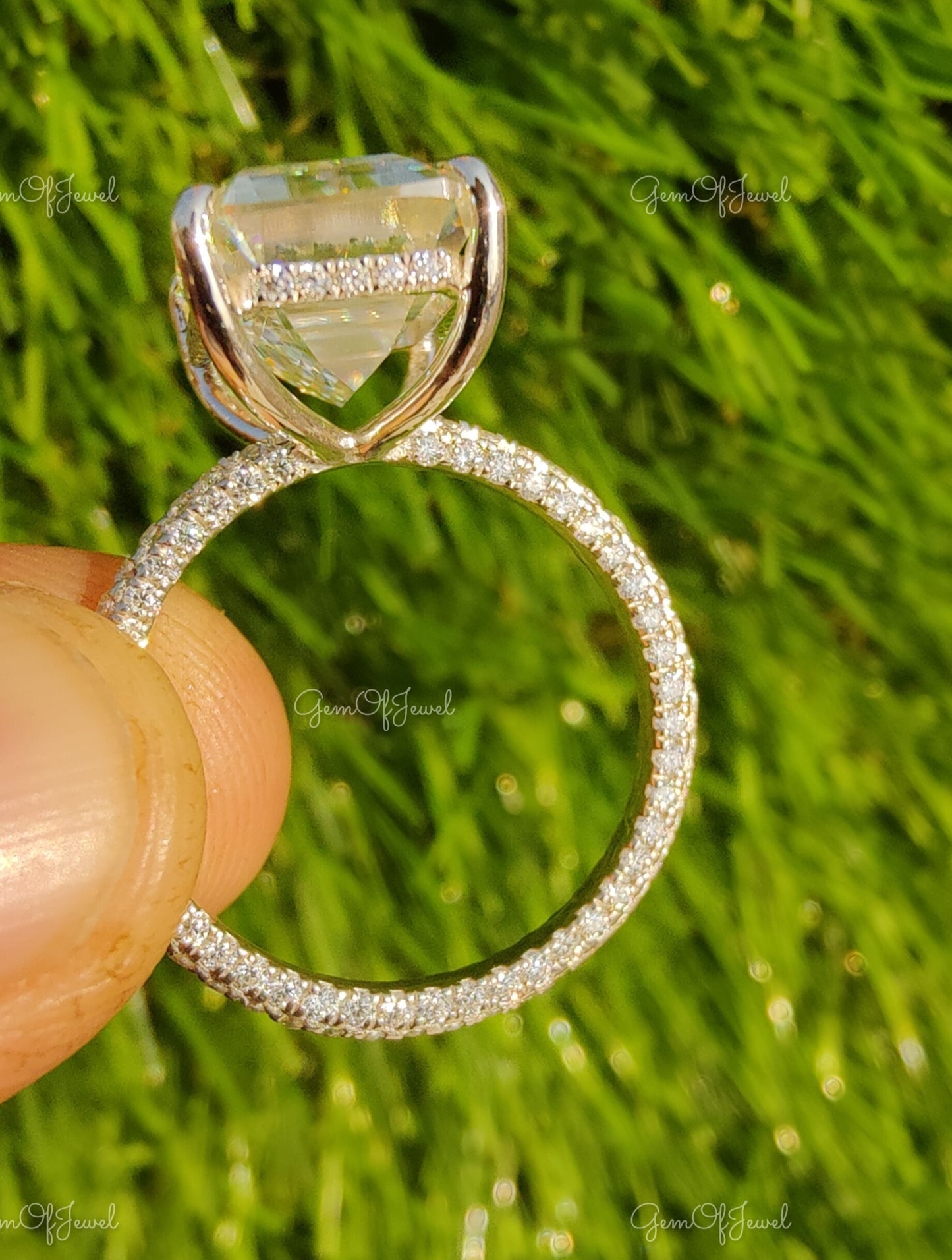 Emerald Moissanite Diamond Engagement Ring For Her With 3 Way Pave on Band With Halo, Emerald Diamond Moissanite Engagement Ring For Her