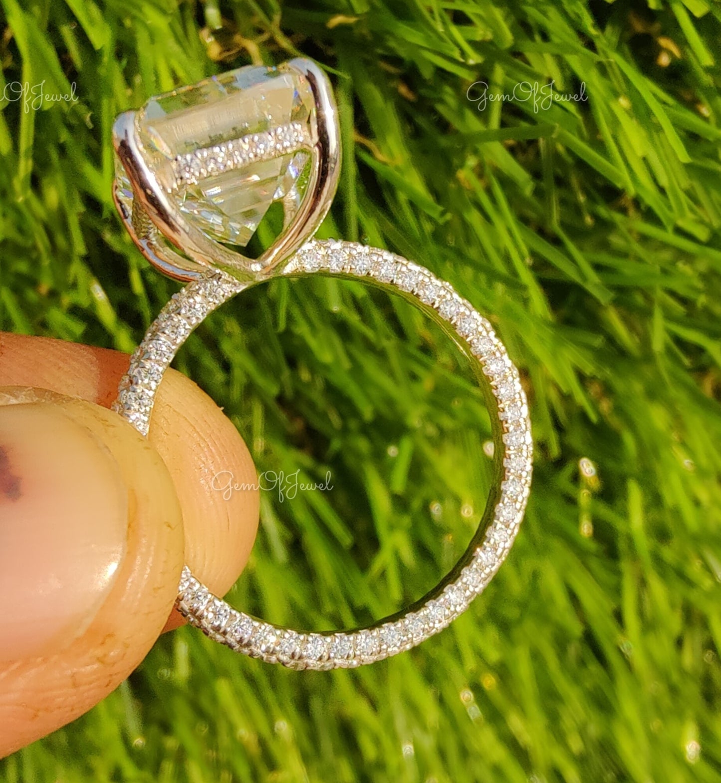 Emerald Moissanite Diamond Engagement Ring For Her With 3 Way Pave on Band With Halo, Emerald Diamond Moissanite Engagement Ring For Her