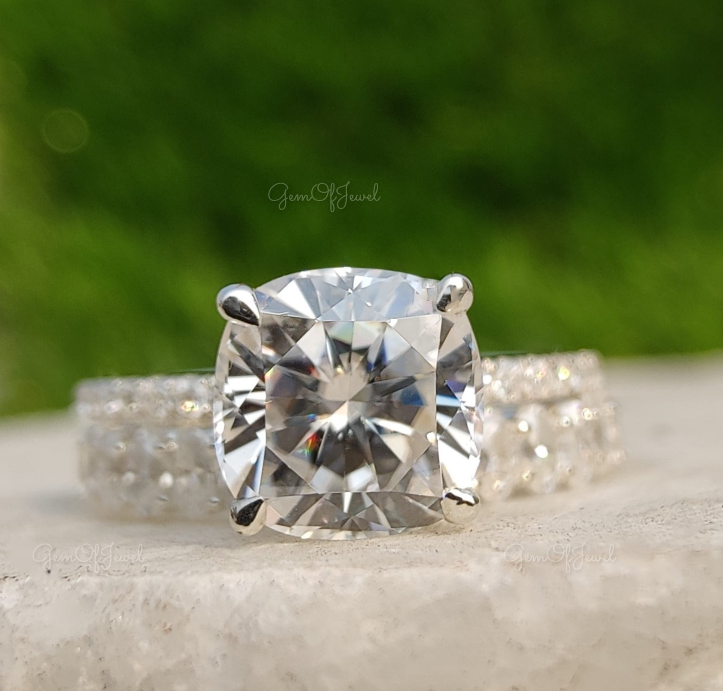 Cushion Cut Moissanite Engagement Ring With Oval Moissanite Diamond Band, Bridal set For Her, Cushion Cut Wedding Ring With Oval Band Set