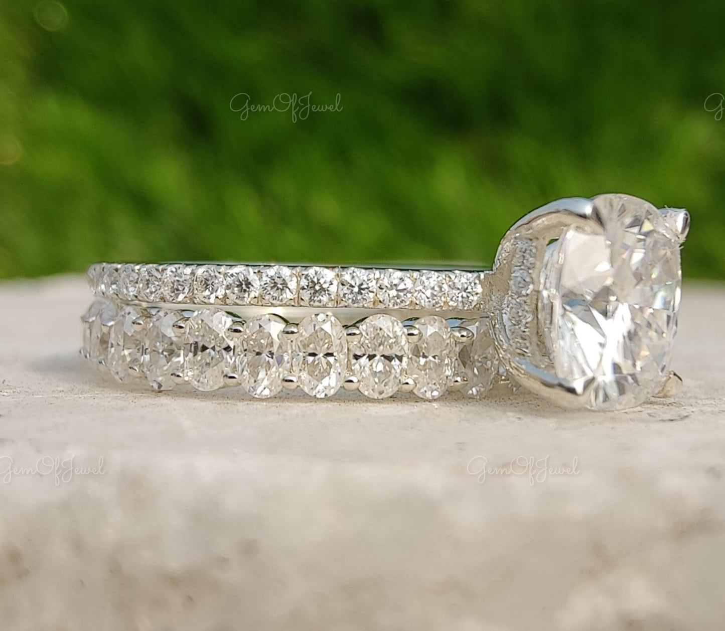 Cushion Cut Moissanite Engagement Ring With Oval Moissanite Diamond Band, Bridal set For Her, Cushion Cut Wedding Ring With Oval Band Set