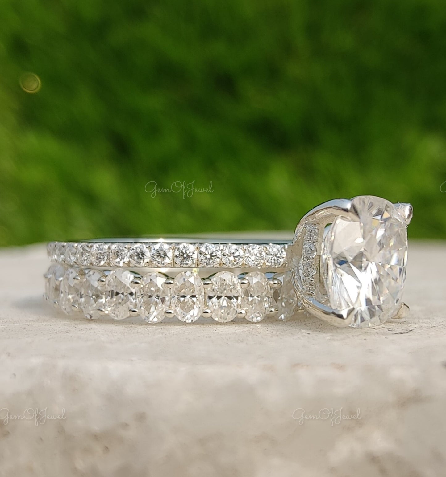 Cushion Cut Moissanite Engagement Ring With Oval Moissanite Diamond Band, Bridal set For Her, Cushion Cut Wedding Ring With Oval Band Set