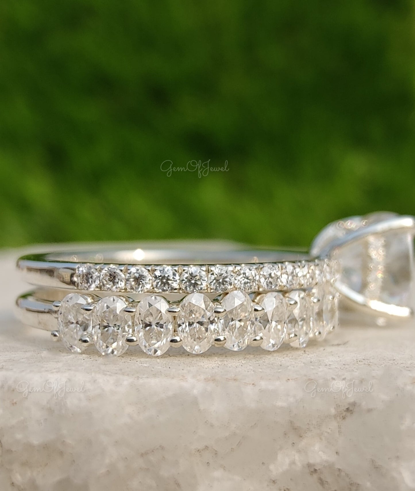 Cushion Cut Moissanite Engagement Ring With Oval Moissanite Diamond Band, Bridal set For Her, Cushion Cut Wedding Ring With Oval Band Set
