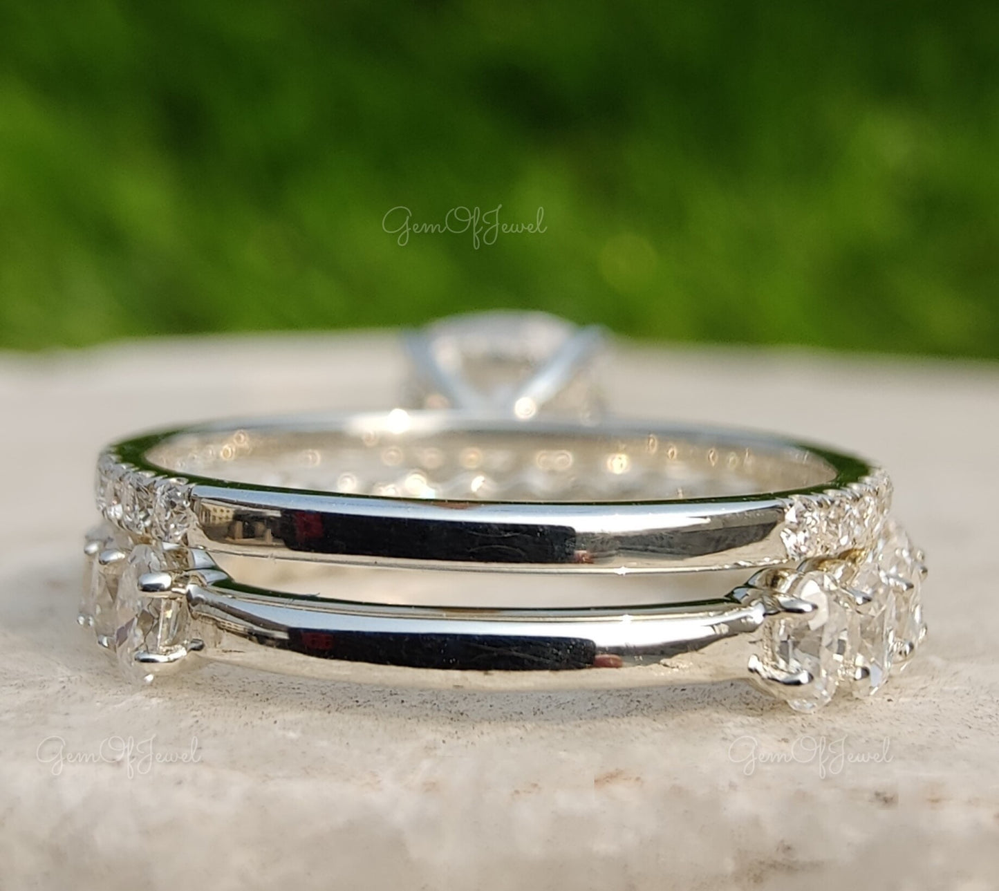 Cushion Cut Moissanite Engagement Ring With Oval Moissanite Diamond Band, Bridal set For Her, Cushion Cut Wedding Ring With Oval Band Set