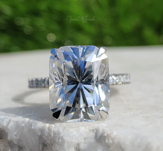 Radiant Moissanite Diamond Engagement Ring with Pave of Round Moissanite Diamond Gift For Her, Radiant Moissanite Diamond Engagement Ring