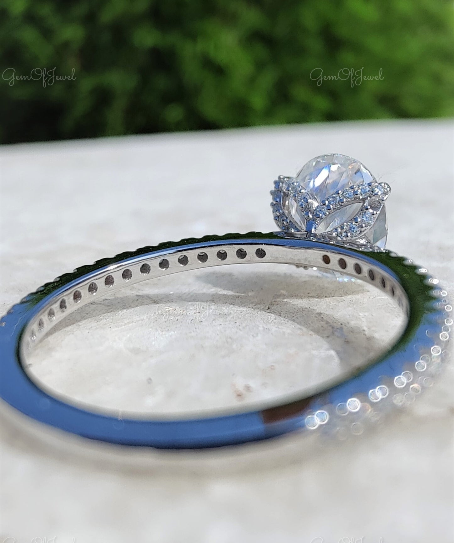 Oval Moissanite Diamond Ring, Oval With Petal Prong Of Round Moissanite Diamond With Pave Eternity Band Engagement Ring For Her, Oval Ring