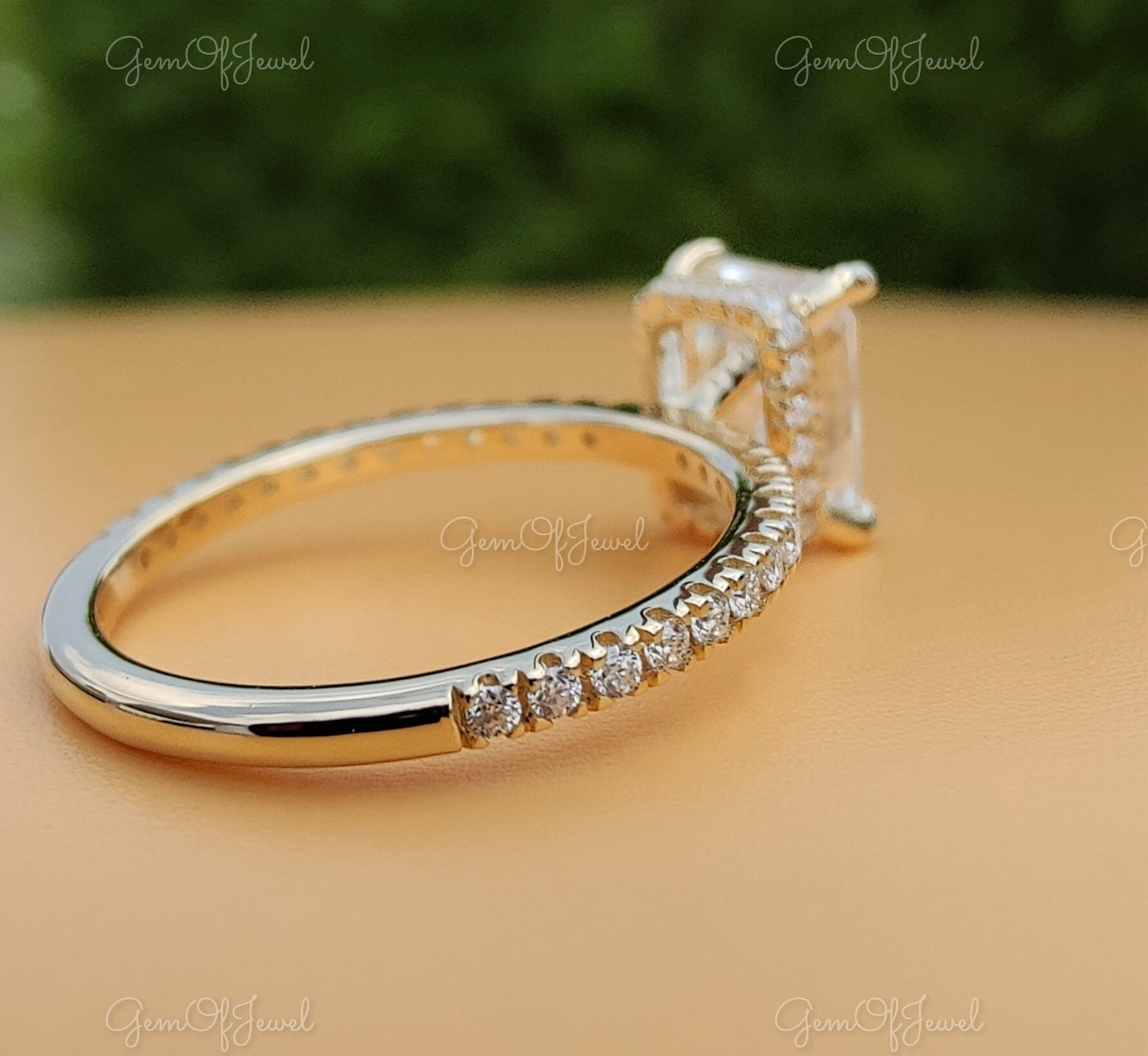 Radiant Moissanite Diamond With Halo Of Round Moissanite Diamond Solid 14K Gold Ring Gift For Her Or Engagement Ring, Radiant Diamond Ring