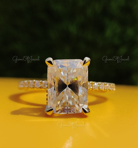 Radiant Moissanite Diamond With Halo Of Round Moissanite Diamond Solid 14K Gold Ring Gift For Her Or Engagement Ring, Radiant Diamond Ring