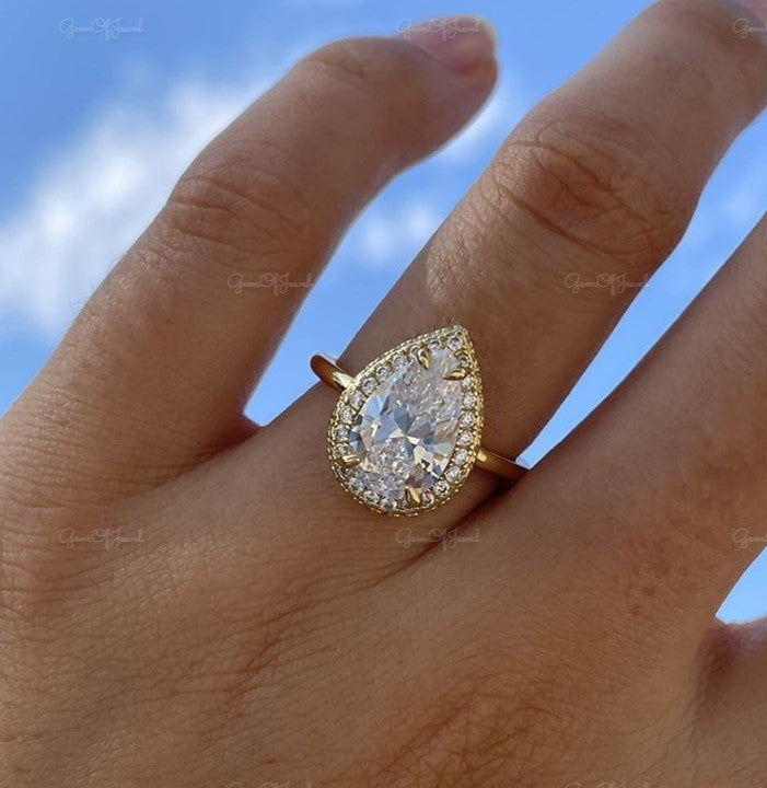 Pear Moissanite Diamond With Halo Of Round Moissanite Diamond Diamond Ring, Pear Diamond Engagement Ring For Her, Pear Halo Ring, Pear Ring