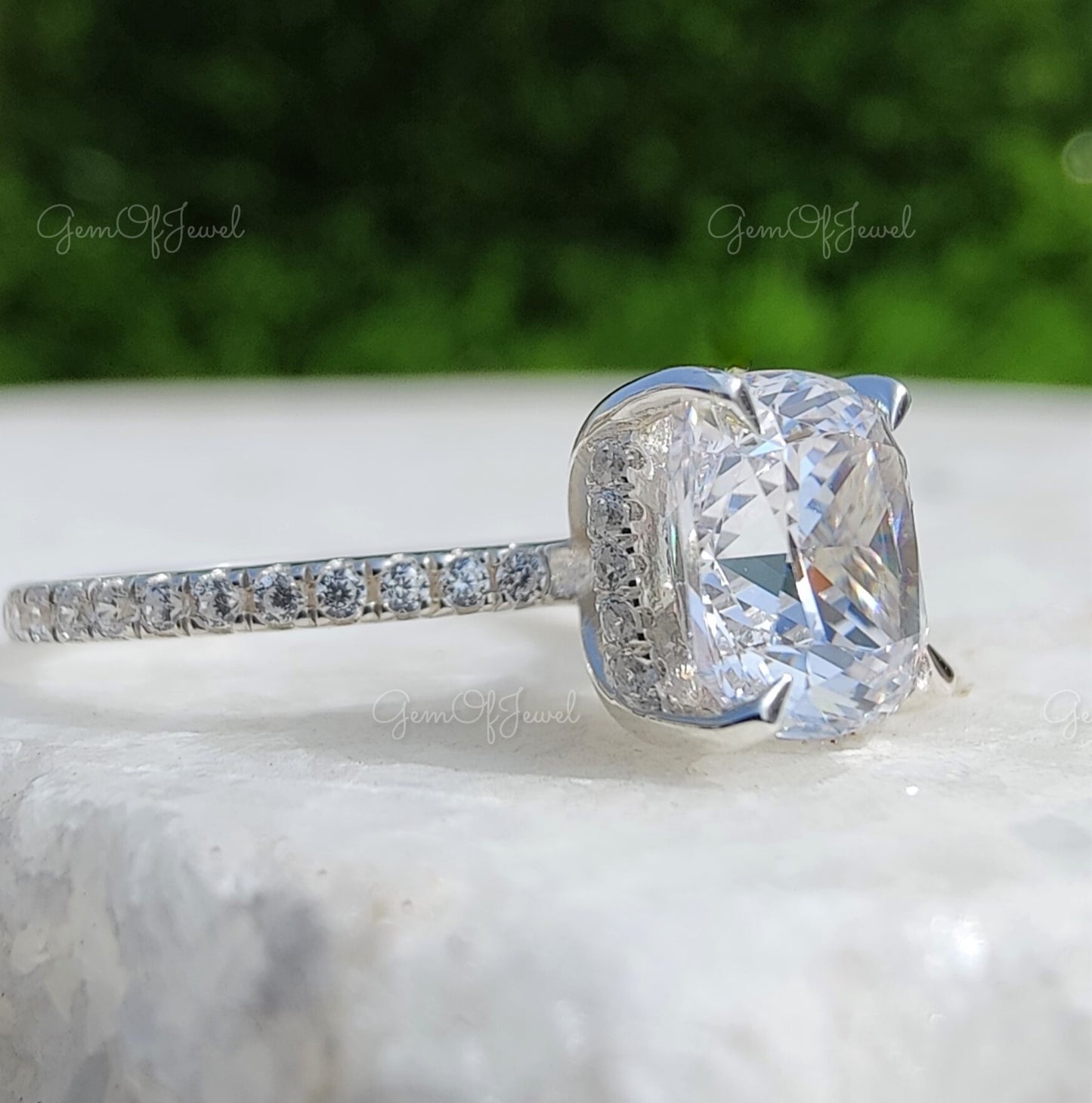 2CT Cushion Moissanite Diamond With Round Moissanite Diamond Pave Eternity Ring , Cushion Moissanite Diamond Engagement Ring Gift For Her