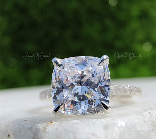 2CT Cushion Moissanite Diamond With Round Moissanite Diamond Pave Eternity Ring , Cushion Moissanite Diamond Engagement Ring Gift For Her