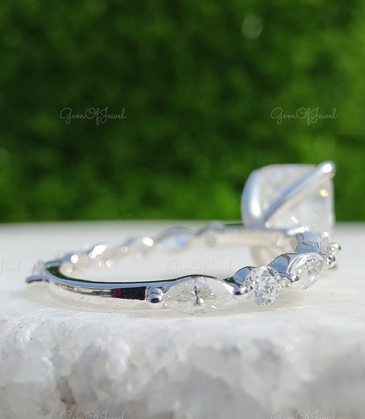 Radiant Diamond Moissanite Engagement Ring With Pave Round And Marquise Alternate Diamond On Eternity Band, Radiant Cut Diamond Ring For Her