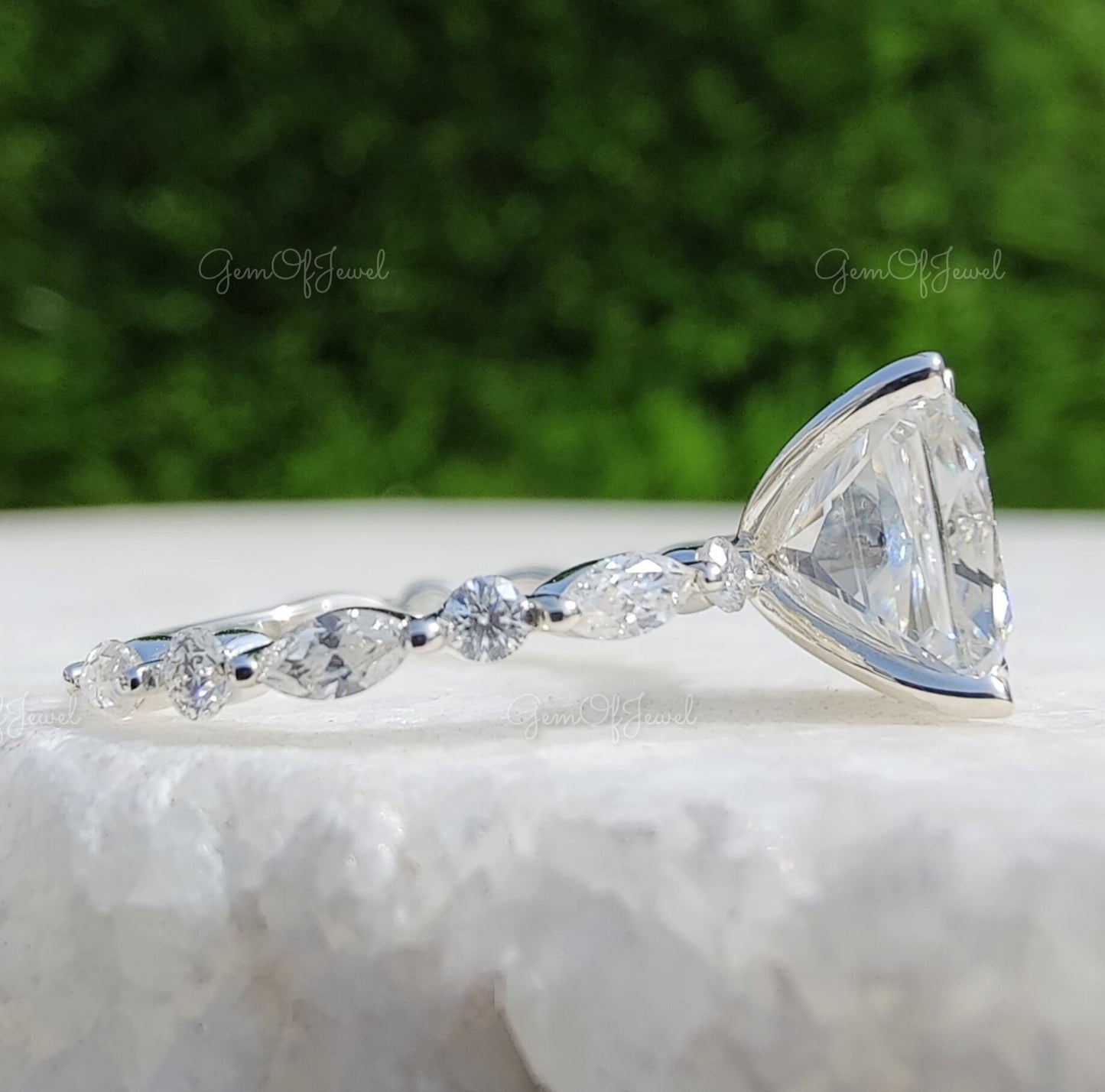 Radiant Diamond Moissanite Engagement Ring With Pave Round And Marquise Alternate Diamond On Eternity Band, Radiant Cut Diamond Ring For Her
