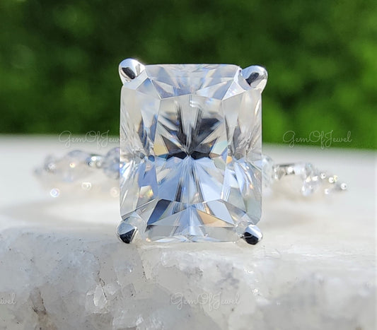 Radiant Diamond Moissanite Engagement Ring With Pave Round And Marquise Alternate Diamond On Eternity Band, Radiant Cut Diamond Ring For Her